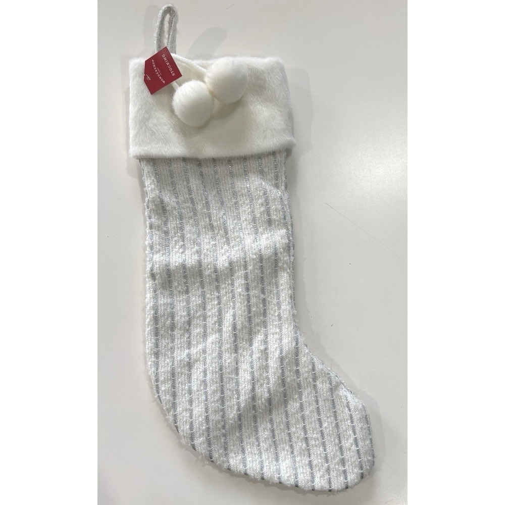 Wondershop Silver Metallic Striped Christmas Stocking Fur Cuff Pom Poms 20"